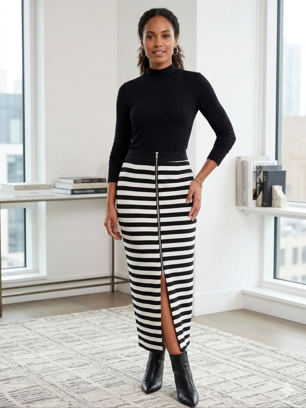 MUSTARD SEED Black & White Striped Maxi Pencil Skirt - Full Zip Front - Small